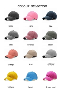 Detailed grid showing 12 colors of vintage washed cotton baseball caps for kids