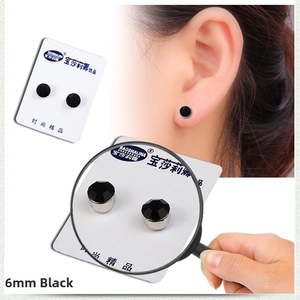 Detailed close-up of a 6mm black round magnetic stud earring for non-pierced ears
