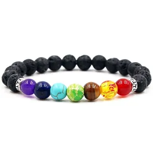 7 Chakra stone bracelet with Grade A volcanic lava beads and silver-tone metal spacers