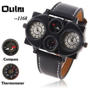 Detail of Oulm dual-time military watch with built-in compass and thermometer features