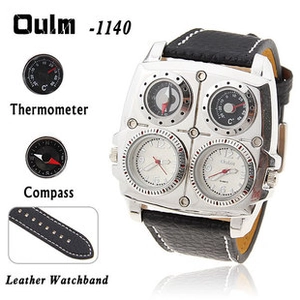 Detailed view of dual-timezone dial with thermometer and compass on a silver men's watch