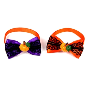 Halloween Haustier Fliegen Set mit lila und orangefarbenen Spitzenbändern und Kürbis