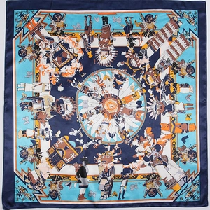 Detailed pattern showing North American Kachina figures on blue square silk scarf