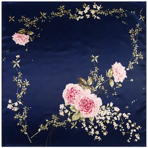 Navy blue square silk scarf featuring pink peony floral patterns and white blossoms