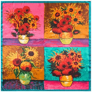 Detail of silk-like square scarf featuring sunflower oil painting collage and turquoise edge