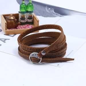 Vintage brown multi-layer leather bracelet with embossed words and metal hardware