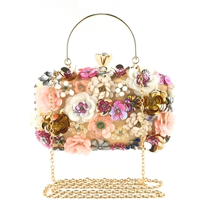3D Flower Evening Clutch Bag Sequined Beaded Satin Wedding Party Handbag Metal Ring Handle Detachable Chain Strap