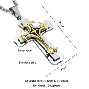 Three-layer stainless steel cross pendant necklace in gold and black finish for men