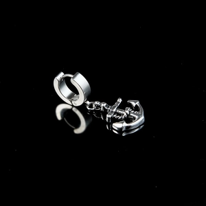 Polished stainless steel anchor charm hoop earring with a reflective mirror effect