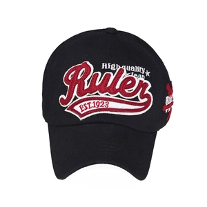 Detail of 3D embroidery with Ruler and EST.1923 text on a black cotton baseball cap