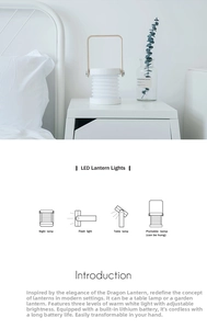 Portable LED lantern lamp showing folding mechanism and touch dimming levels for home use