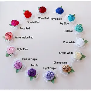 Handmade silk rose wrist corsages in 14 colors with lace and pearls for wedding events