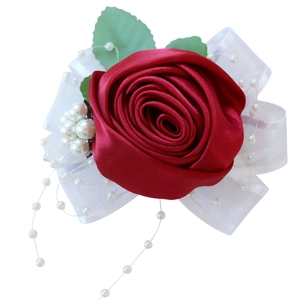 Handmade dark red satin rose bridal wrist corsage with pearls and lace ribbon decoration