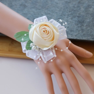 Wedding Wrist Corsage Satin Ribbon Rose Artificial Pearl Lace Hand Flower For Bridesmaid Prom Party