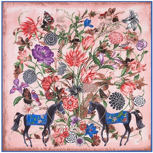 Detailed pattern of a pink square silk scarf featuring hand-painted flowers and horses