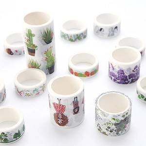 Assorted washi tape set featuring cactus, floral, and landscape patterns on white background