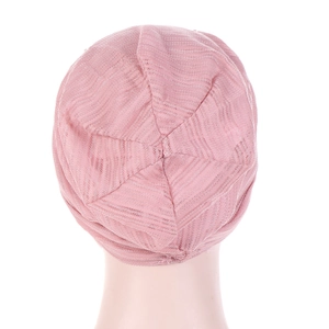 Pink breathable lace cotton slouchy beanie for women shown from back view on mannequin