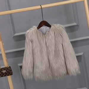 Detail of light gray faux fur coat for girls with dense texture and round neck design