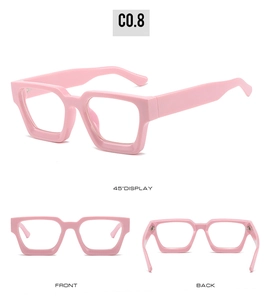 Detailed multi-angle view of pink thick square frames with integrated nose pads