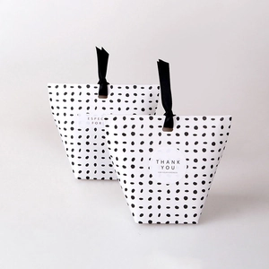 Polka dot white gift boxes with black ribbons and thank you tags, 2 pieces pack