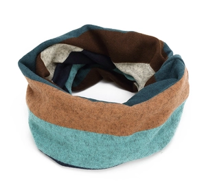 Detail of multi-color striped knitted neck warmer in blue, brown and navy blue