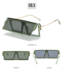 Three perspectives of green transparent square sunglasses with golden metal temples