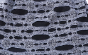 Macro detail of breathable knitted fabric with geometric patterns and distressed cutout style