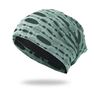 Distressed Morandi green knitted slouchy beanie with stylish torn details for men and women