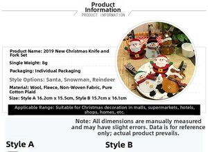 Detailed chart showing Santa, snowman and reindeer cutlery holders with exact dimensions