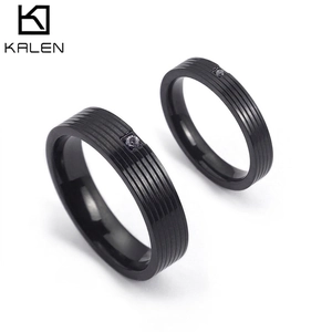 Black Titanium Stainless Steel Band Ring Grooved Texture Single Zircon Inlaid Minimalist Modern Jewelry For Men Women