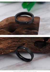 Close-up of black grooved stainless steel ring with single crystal inlay on wood