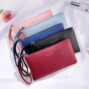 Minimalist long PU leather wallets for women in multiple colors with wrist strap