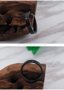 Macro detail of black titanium ring with brushed texture and small inset gemstone