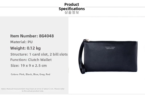 Detailed specs of the slim PU leather long wallet showing dimensions 19x9x2.5cm and structure
