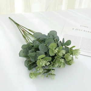 Close-up of realistic silk eucalyptus leaves with detailed green texture and veins