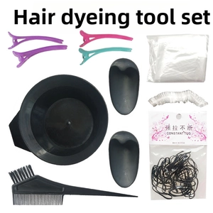 Hair dyeing tool set with mixing bowl, brushes, hair clips, earmuffs, and hair ties