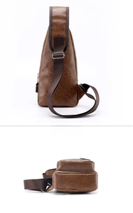 Rear and bottom view of vintage brown PU leather sling bag with adjustable woven strap