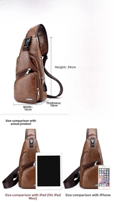 Detailed size chart and scale comparison of brown PU leather men's chest bag with dimensions