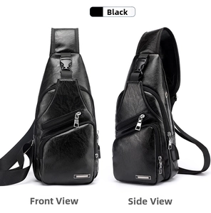 Front and side view of black pebbled leather chest bag with USB port and zippers