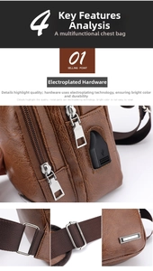 Detail of dark brown leather sling bag featuring USB port and silver plated hardware