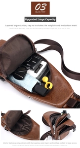 Brown faux leather chest bag with multiple zip compartments and adjustable strap