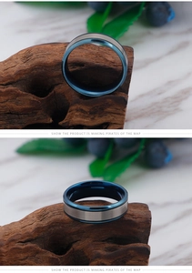 Macro detail of men's matte silver steel ring with blue inner plating and thin blue edges