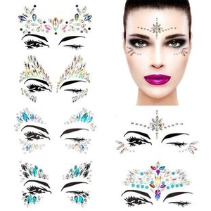 Detailed view of six acrylic face jewel designs with colorful gems for forehead and eyes
