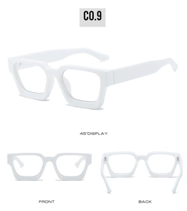 Detail view of retro white thick square frame glasses from front, back, and 45-degree angles