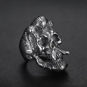 Vintage stainless steel skull ring for men with punk style beard and hair design