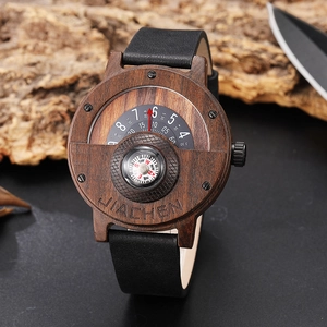 Quartz Watch Wooden Case Genuine Leather Strap With Compass Outdoor Retro Sports Men Analog Timepiece For Travel Adventure