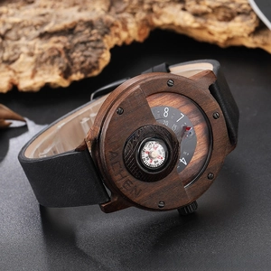 Detail view of JIACHEN wooden watch featuring a built-in compass on the vintage dial