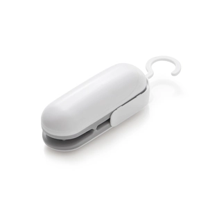 Portable mini bag sealer in white and grey with hanging hook for food storage