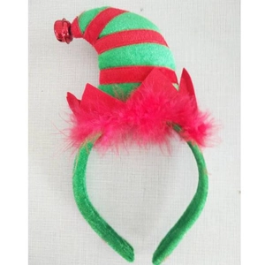 Detail of Christmas elf headband with red feathers, green stripes and small metal bells