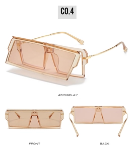 Detailed multi-angle views of oversized square sunglasses with peach frames and gold temples